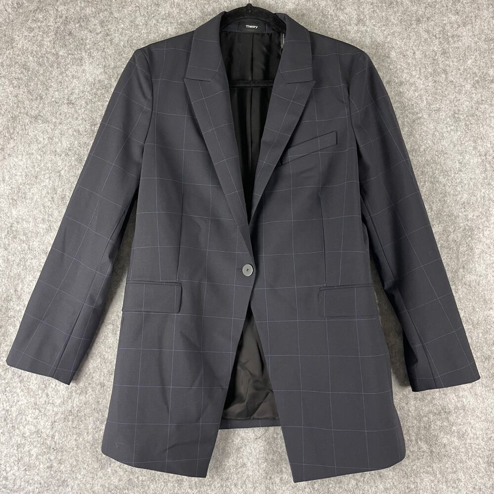 Theory Etiennette B‎ Good Wool Blazer Womens 10 Blue Traceable Grid Career NWT